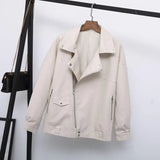 New Spring Faux Leather Pu Jacket Women Loose BF Coat Female Turndown Collar Moto Biker Rivet Zipper Vintage Street