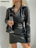PU Bodycon Mini Dress Turn Down Collar Sexy Folds Button Shrug Leather Women Long Sleeve Dresses For Woman Fall