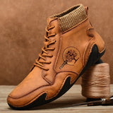 o'clock Autumn Leather Vintage Men Boots Fashion Street High-top Shoes Winter Warm Lined Handmade Lace-up Botas de
