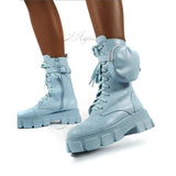 Autumn Winter Bootie Pocket Buckle Strap Pink Chunky Sole Pouch Ankle Boots Shiny Leather Patchwork Arrival Platform