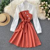 Women Casual Shirt Dress Spring Autumn Turn-down Collar Patchwork Button A-line Dress Sweet Female