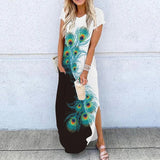 Summer New Fashion Striped Strapless Dress Loose Round Neck Short Sleeve Long Dress Casual Elegant Moon Star Printing
