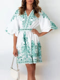 Summer Vintage Pattern Print Dresses Lady Elegant V-neck Waist Pleat Party Dress Fashion Popular Lantern Half Sleeve Women