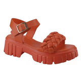 Elegant Women Leather Sandals 2022 New Summer Diamond Lattice Sandals Casual Flat Bottom Platform Sandals Women