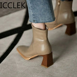 Ankle Boots For Women Square Toe Fashion Shoes Warm Winter Short Boots Zipper Square Heels Comfortable Lady