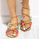 Women Hemp Rope Straw Flat Sandals Peep Toe Cross Lace Up Female Platform Fashion Casual Shoes Rome Ladies
