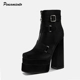 Ultra High heels Platform Wedges Women Motorcycle Boots Fashion Satin Autumn Winter Gothic Punk Chunky Ankle boots