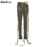 Puss Women Faux Leather Pants Skinny Sling High Waist Pencil Pants Asymmetry Solid Chic Tight Trouser Fall 2021