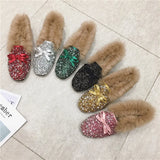 big size rabbit fur winter flat shoes woman silver/pink glitter fluffy flats crystal bowtie moccasins female fur loafers