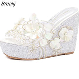 Wedges Slippers High Heels Women's Summer Flower Decoration Sandals Fashion Silver Female Casual Gold Shoes Size