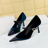 Breakj Banquet High Heels Fine Heel Shallow Pointed Top Xishi Suede Stitching Pointed Metal Buckle One Word Strip Single