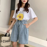 New Woman Wide Legs High Waist Blue Knee-lenght Denim Shorts Casual Female Loose Fit Jeans Vintage Ladies Bermuda