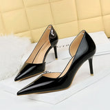 Breakj Korean Version Of Fashion Simple Thin Heel High Heel Bright Face Patent Leather Shallow Mouth Pointed Head Side Hollow High Heels Women's Singles