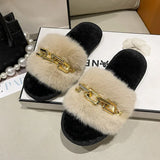 Fur Slippers 2024 New Fashion Chain Design Women Home Slippers Winter Indoor Open Toe Flat Non-slip Leisure Female