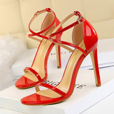 Breakj Fashion Banquet Women's Shoes Ultra High Heel Heel Open Toe Painted Leather Cross Strap Sexy Nightclub