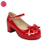 EDEELVEEYS Bow Mary Janes Patent Leather Block Med Heel Pumps for Women Rockabilly Shoes Lolita Fashion Vintages Maid