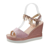 New Women Wedge Sandals Summer Bead Studded Detail Platform Sandals Buckle Strap Peep Toe Thick Bottom Casual Shoes