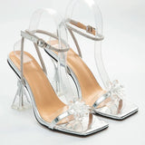 Bow-knot Women Sandals PVC Jelly Pumps Heels Ladies Shoes Sexy Square Toe Ankle Buckle Strap New Sandals Plus
