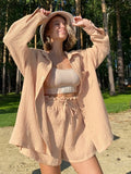 Lace Up Shorts Female 2 Piece Clothing Sets Turn Down Collar Loose Long Sleeve Korean Fashion Top Button Women's