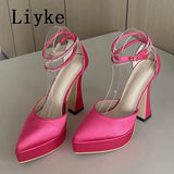 Fashion Brand Satin Platform Wedges Women Pumps Crystal Ankle Strap High Heels Spring Summer Female Casual Chunky