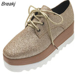 Women Shoes Patent Leather Lace Up Thick Heel Increased Flat Platform Oxford Shoes Woman Loafers Solid Casual Shoes Plus