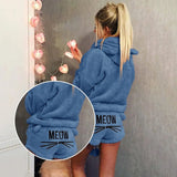 Fuzzy Hooded Sweatshirt with Ears Suit Women Letter Printed Coral Velvet Pajama Two Piece Set Cat Print Home