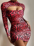 Spring Autumn Ladies Fashion Leopard Mini Dress Women Sexy Hollow Out Slim Bag Hip Party Dress Elegant O Neck Long Sleeve