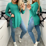 New Autumn Casual Long Sleeve Tops 2022 Spring Women Elegant O Neck Rib Blouse Fashion Sexy Side Slit Button Long Shirt
