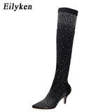 New Design Fashion Pointed Toe Bling Over Knee Boots Crystal Long Sock Women Boots High Heel club Sock Boots size