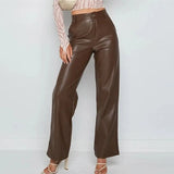 High Waist Brown Faux Leather Pants 2021 Fashion Autumn Winter Lady PU Loose Straight Trousers Elegant Pocket