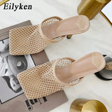 2022 New Hollow Breathable Mesh Woman Thin High Heels Slippers Summer Vintage Square Toe Mules Femme Shoes Pumps