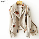 New Women Retro Floral Print Embroidery Faux Soft Leather Jacket Coat Turndown Collar Pu Moto Biker Black Punk
