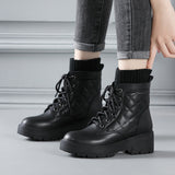 Style Little Martin Boots, Leather, Thick Soles, Fluffy Rice, White Ties, Flat-Soled Chelsea
