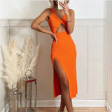 Chic Front Hollow Out Orange Midi Dress Women 2021 Fashion V-Neck Side Split Strap Dress Female Elegant