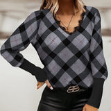 2022 Spring Ladies Vintage Plaid Popular Pullovers Autumn Fashion Casual Long Sleeve Blouse Women Sexy V Neck Lace Shirts