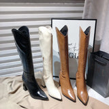 Breakj New White Boots Women High And Knight Boots Coarse And Pointed Long Boots West Boots V Mouth 8Cm High