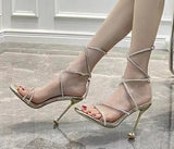 Breakj Summer New Square Head Rhinestone Sandal Fine Heel Open-Toe High Heels Crystal Sexy One Word With Roman