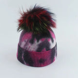 New Fashion Winter Thicken Knitted Hats Warm Real Racoon Fur Pompom Unisex Beanie Tie-dyed Cap Adults Head