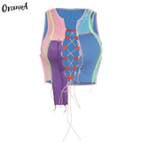 Women Ribbed Sexy Hollow Out Clubwear Y2K Top Striped Patchwork Stretchy Bandage Drawstring Sleeveless Party
