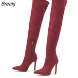 Winter Women Over The Knee Boots Fashion Slim Leg Thigh High Shoes Sexy Pointed Toe Zip Stiletto Heels Botas Beige