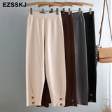 Elastic Waist BUTTON Trousers Thick Knitted Harem Pants Autumn Winter Sport pants sweater Knitted Carrot