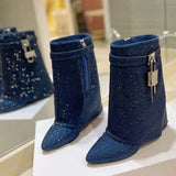 Breakj Fashion Winter New Round Slope With Super High Heel Large Size Rhinestone And Knee Ankle Boots Thigh