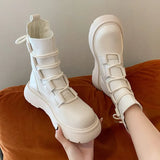 Gothic Sock Boots Women 2021 New Retor Lace Up Black White Ankle Boots For Women Designer Ladies PU Leather Platform