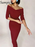 V Neck Sexy Off Shoulder Skinny Bodycon Midi Dress 2021 Women Clothing Black Wrap Backless Party Night Club Elegant