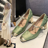 Breakj Spring And Summer National Wind Square Design Fashion Shallow Casual Coarse Heel High Fashion Daily Single Shoes