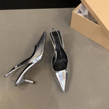 Summer Silver Heels Pointed Toe Women Pumps Fashion Slip on Slingbacks Shoes Ladies Sexy Heel Party Dress