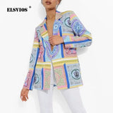 Autumn Women Streetwear Printed Suit Collar Top Suit Jacket Casual Long Sleeves Slim Elegant Buttons Office Ladies