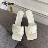 Summer New Design Weave Square Toe Heels High Quality PU Leather Slippers Gladiator Beach Womens Sandal Slides