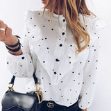 Summer Women Polka Dot Ruffle Blouse Shirt Casual Elegant Office Long Sleeves Buttons Pullover Lady Autumn Streetwear