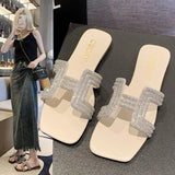 Breakj Version Of The Diamond One Type Flat Bottom Slippers Female Flat Slippers Square Head One Foot Pedal Home